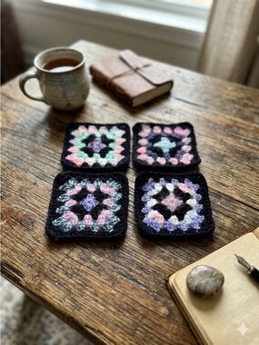 Hand Crocheted Scrappy Drink Coasters Granny Squares Cottage Cabin set of 4